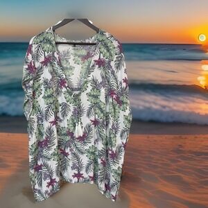 Wave Zone Womens Swim Cover Up S/M White Green Tropical Floral Tassel Boho Beach